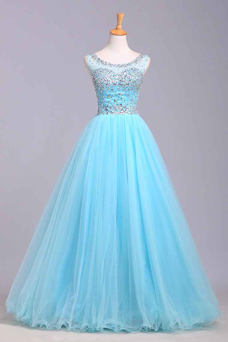 Light Blue Prom Dresses,Tulle Prom Dress,Modest Prom Gown,Silver